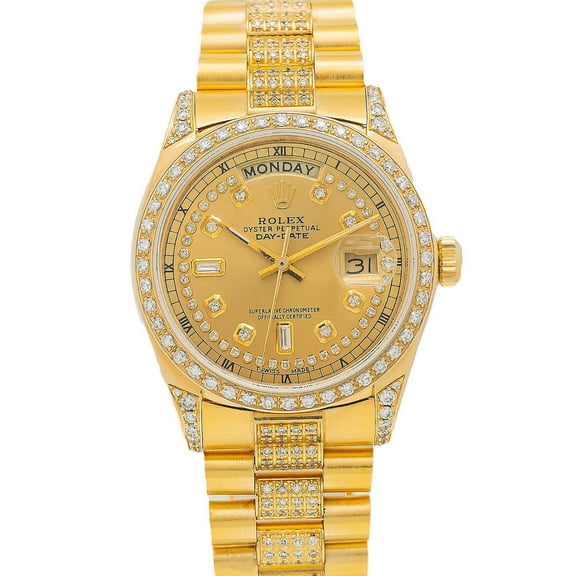 Pre-Owned Rolex Day-Date 36MM 18038 Champagne Diamond Dial Diamond Bezel 18K Yellow Gold Semi Diamond President Bracelet