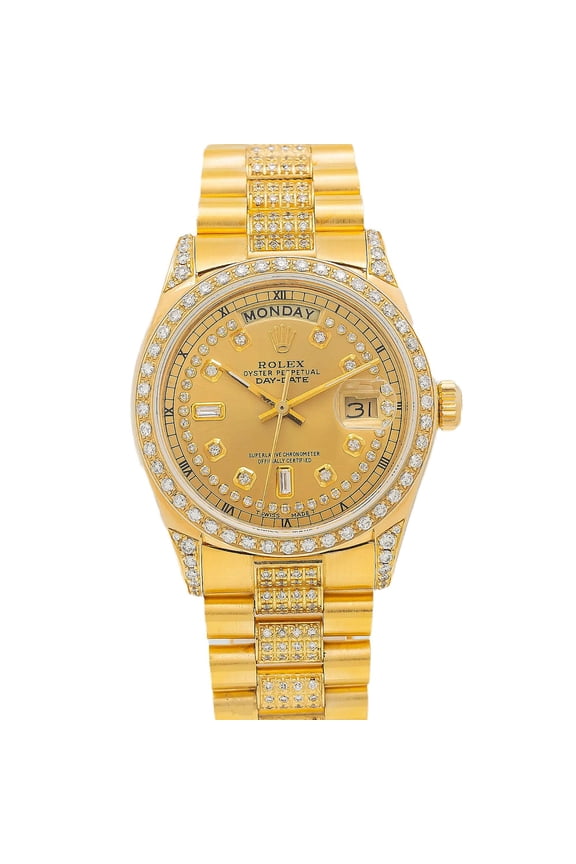 Pre-Owned Rolex Day-Date 36MM 18038 Champagne Diamond Dial Diamond Bezel 18K Yellow Gold Semi Diamond President Bracelet