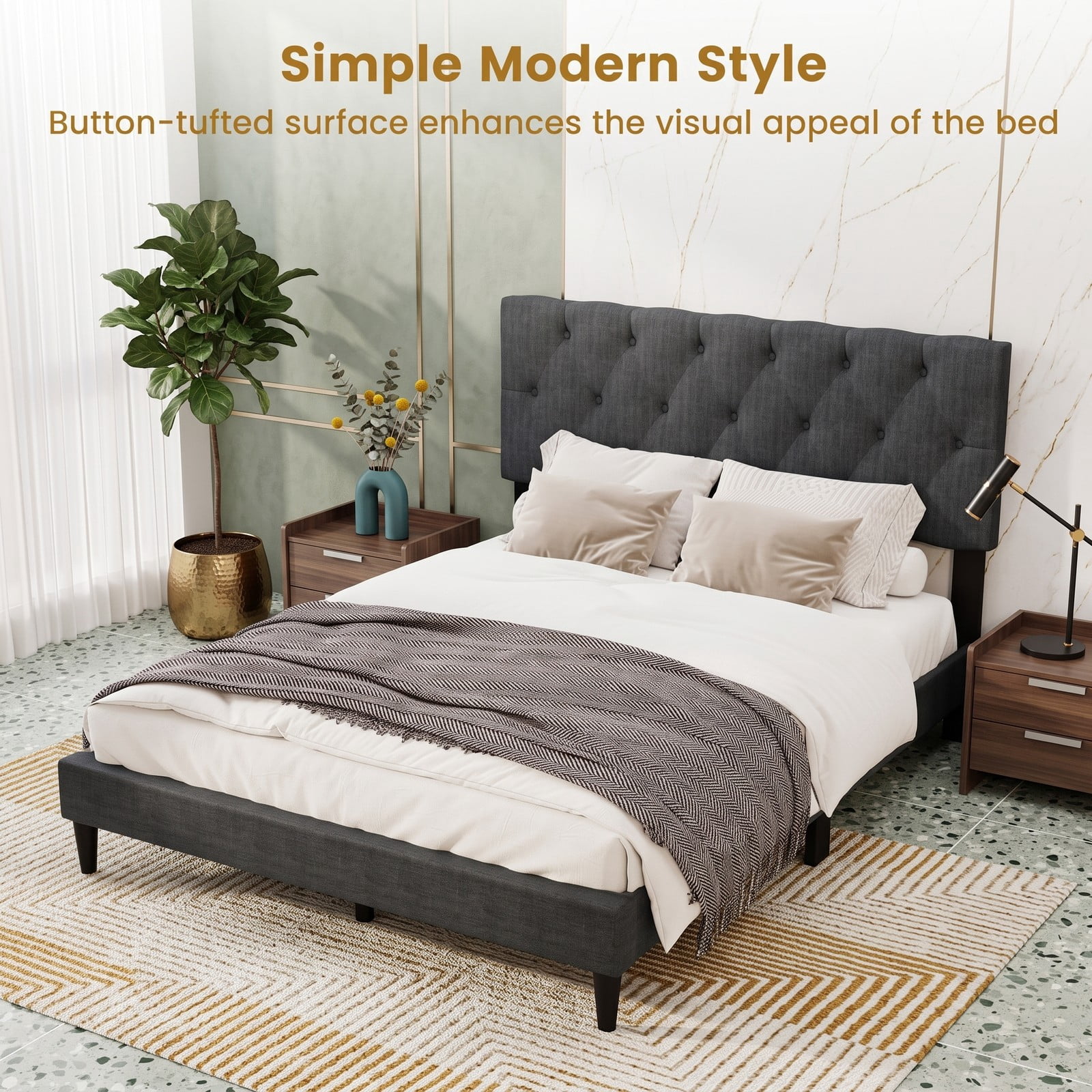 Furnibear Full Size Bed Frame Upholstered Platform Bed with Button Tufted Wingback Headboard and Wooden Slat Support for Bedroom Guest Room, Gray