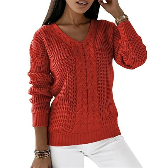 Avamo Women Knitwear Cable Jumper Tops Winter Warm Casual Knitted Sweaters Ladies Solid Color Work Pullover Red L