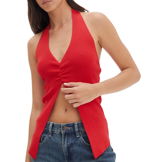SUNSIOM Women's Knit Halter Tank Tops Solid Color Ribbed Backless Split Hem Slim Vest Streetwear