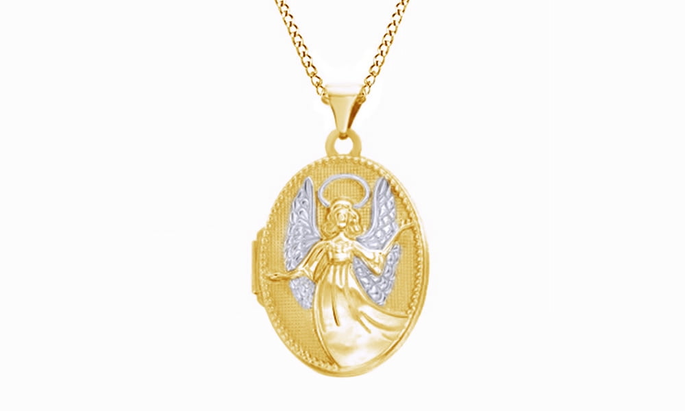 Oval Inscribed Guardian Angel Locket Pendant Necklace In 10K Two-Tone ...