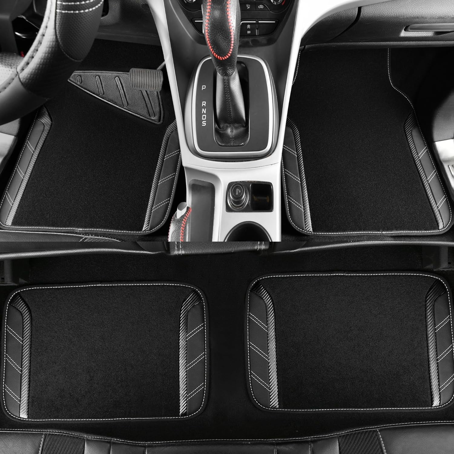 CAR GRAND Leather Steering Wheel Cover and Waterproof Car Floor Mats,Microfiber Universal Car Combo Fit Sedan,SUV,Cars,14.5-15inch Sporty Anti-Slip Safety Comfortable Design(Carbon Fiber Black)