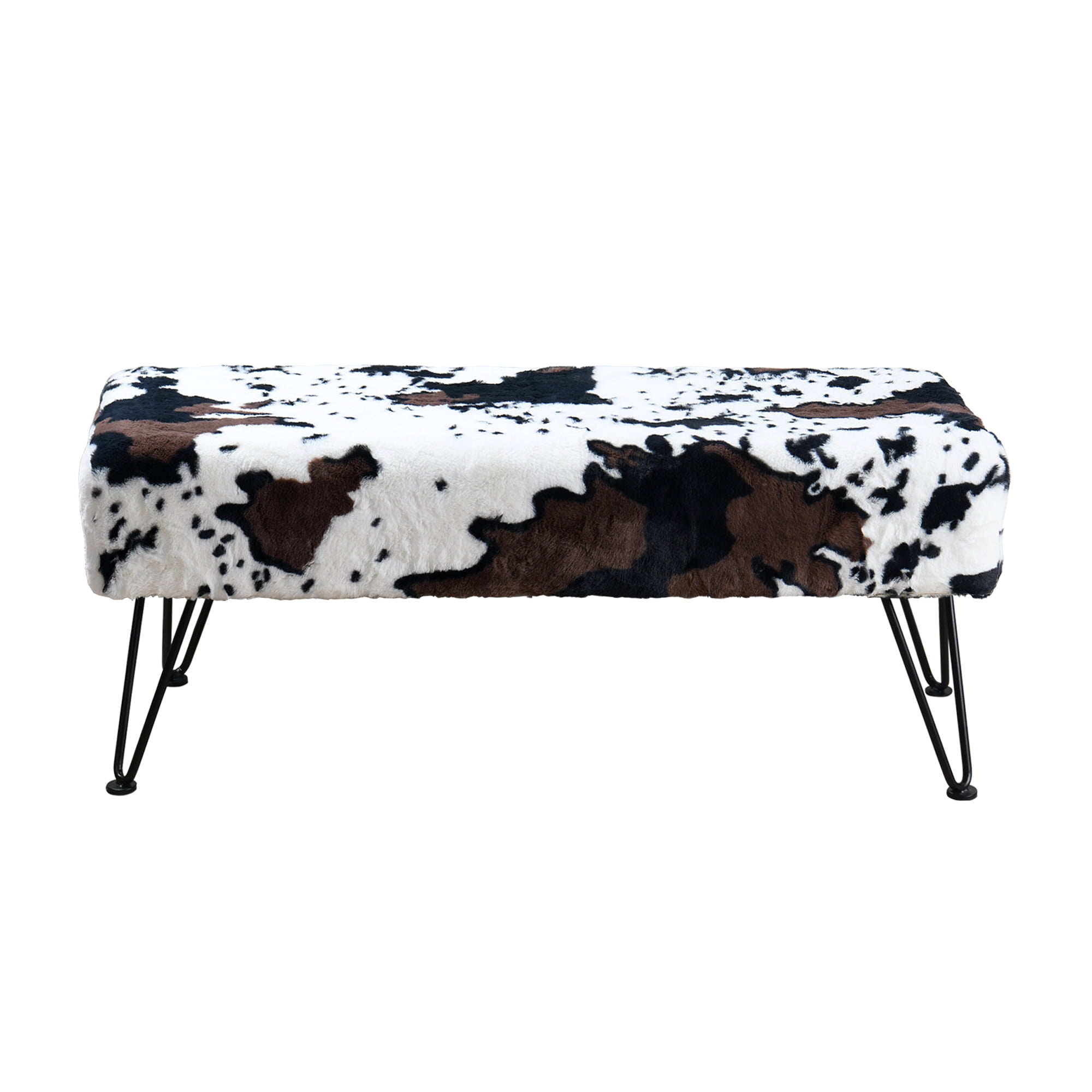 Home Soft Things Faux Fur Ottoman Cows Flowers Black Leg 46x16x17"