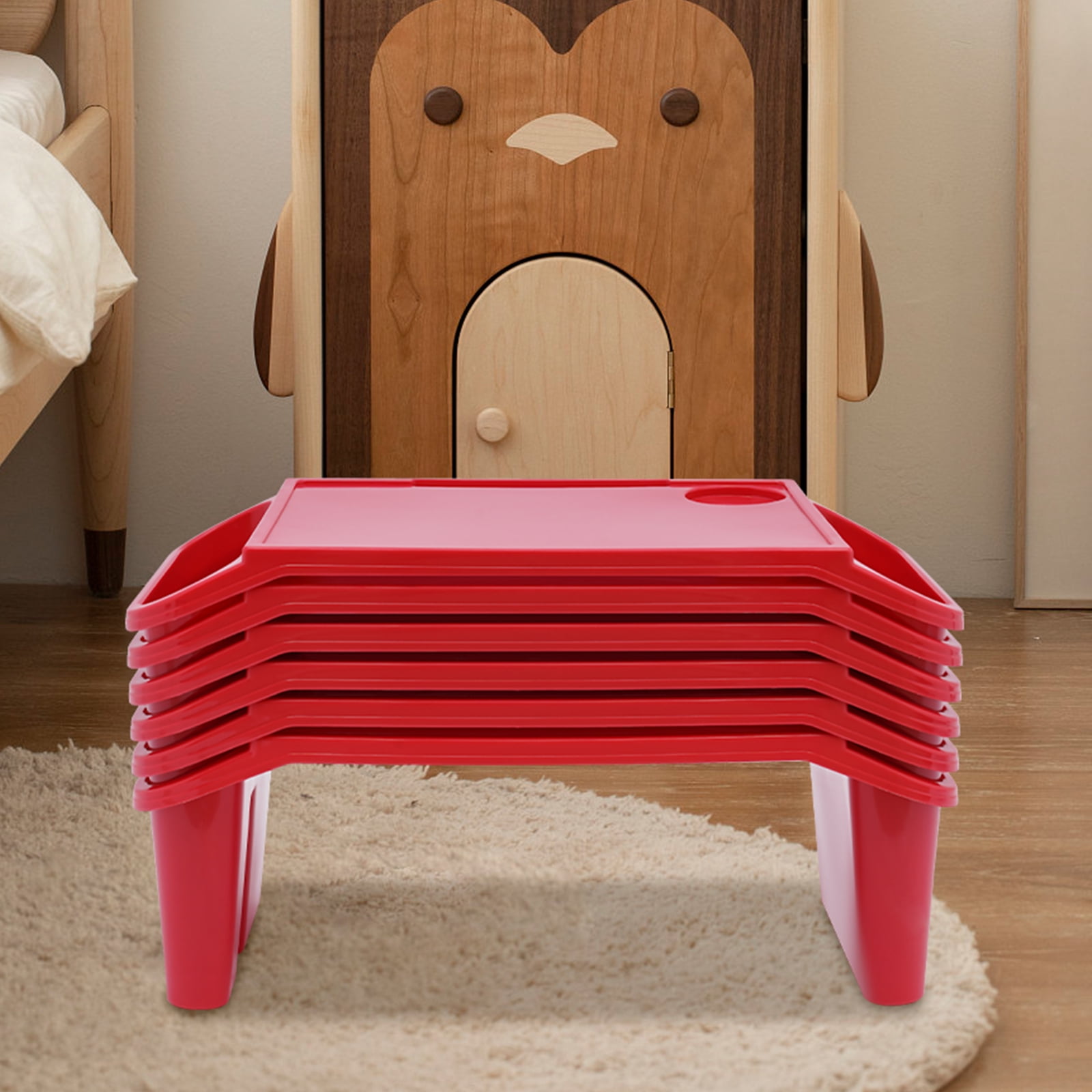 6 Pcs Red Color Kids Lap Desk Tray, Plastic Breakfast Laptop Trays with Side Pockets, Portable Lap Bed Table