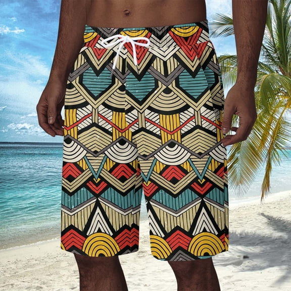 Conairie Men's Swim Trunks Graphic Print Quick Dry Swimsuit Board Shorts Beach Lightweight Bathing Suit Bottom With Drawstring Beige L