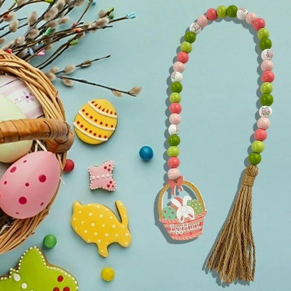 JingChun Easter Wood Bead Garland with Tassel Carrot Ornament Rustic Farmhouse Natural Wooden Bead Hanging Decor for Spring Tiered Tray Fireplace Shelf Fireplace Wall