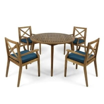 GDF Studio Lemyra Outdoor Acacia Wood 5 Piece Dining Set with Cushions, Teak and Blue