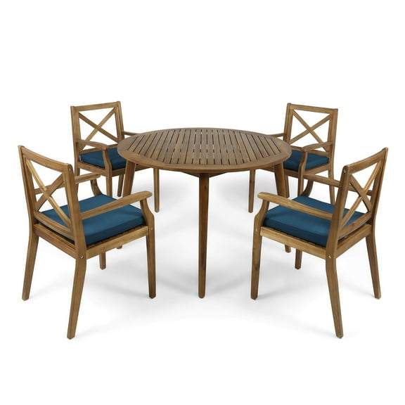 GDF Studio Lemyra Outdoor Acacia Wood 5 Piece Dining Set with Cushions, Teak and Blue
