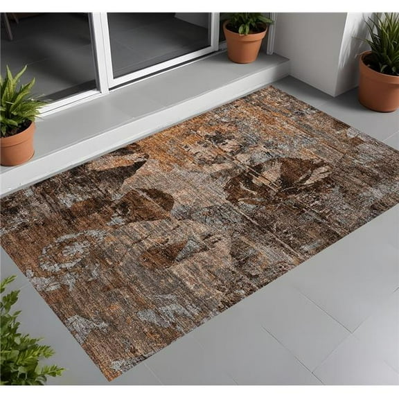 HomeRoots 562803 2 x 3 ft. Brown Terracotta & Gray Floral Washable Non Skid Indoor Outdoor Rectangle Machine Woven Area Rug