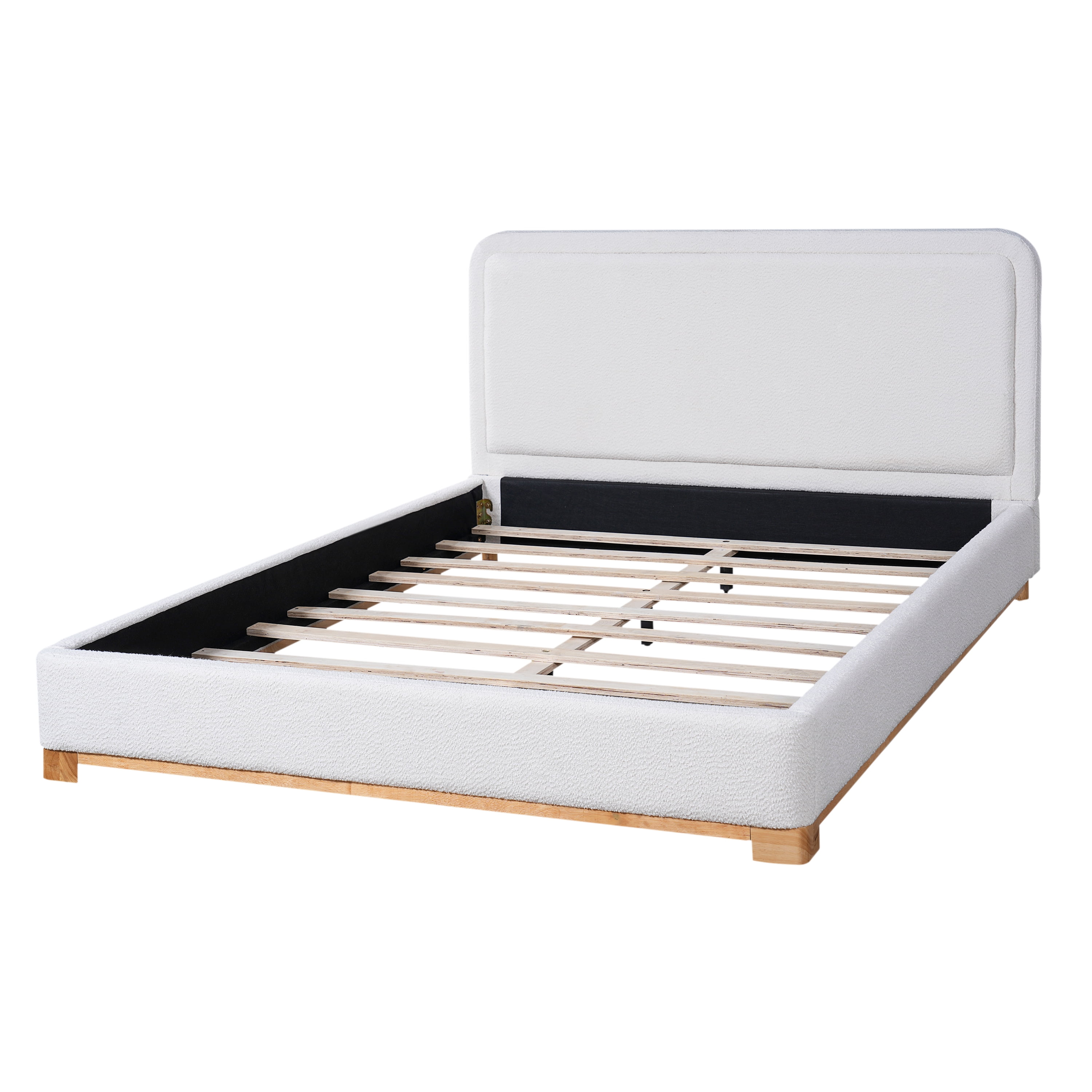 Queen Size Bed Frame with Boucle Upholstered Curved Headboard & Solid Wood Base, Platform Bed for Bedroom, White