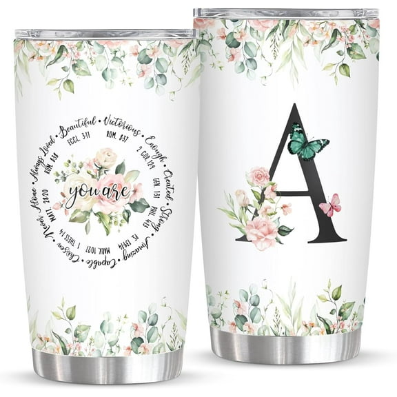 Initial A Tumbler 20oz, Monogrammed Gift for Women Birthday Mothers Day Religious Gift, Christian Gift for Women Initial Coffee Mug