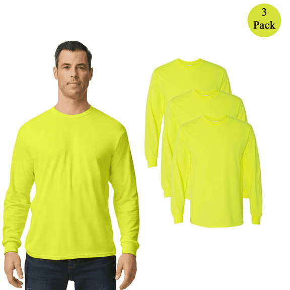 Gildan Safety Green Long Sleeve T-Shirt, Men's Workwear Pullover, 3-Pack High Visibility Tee, S