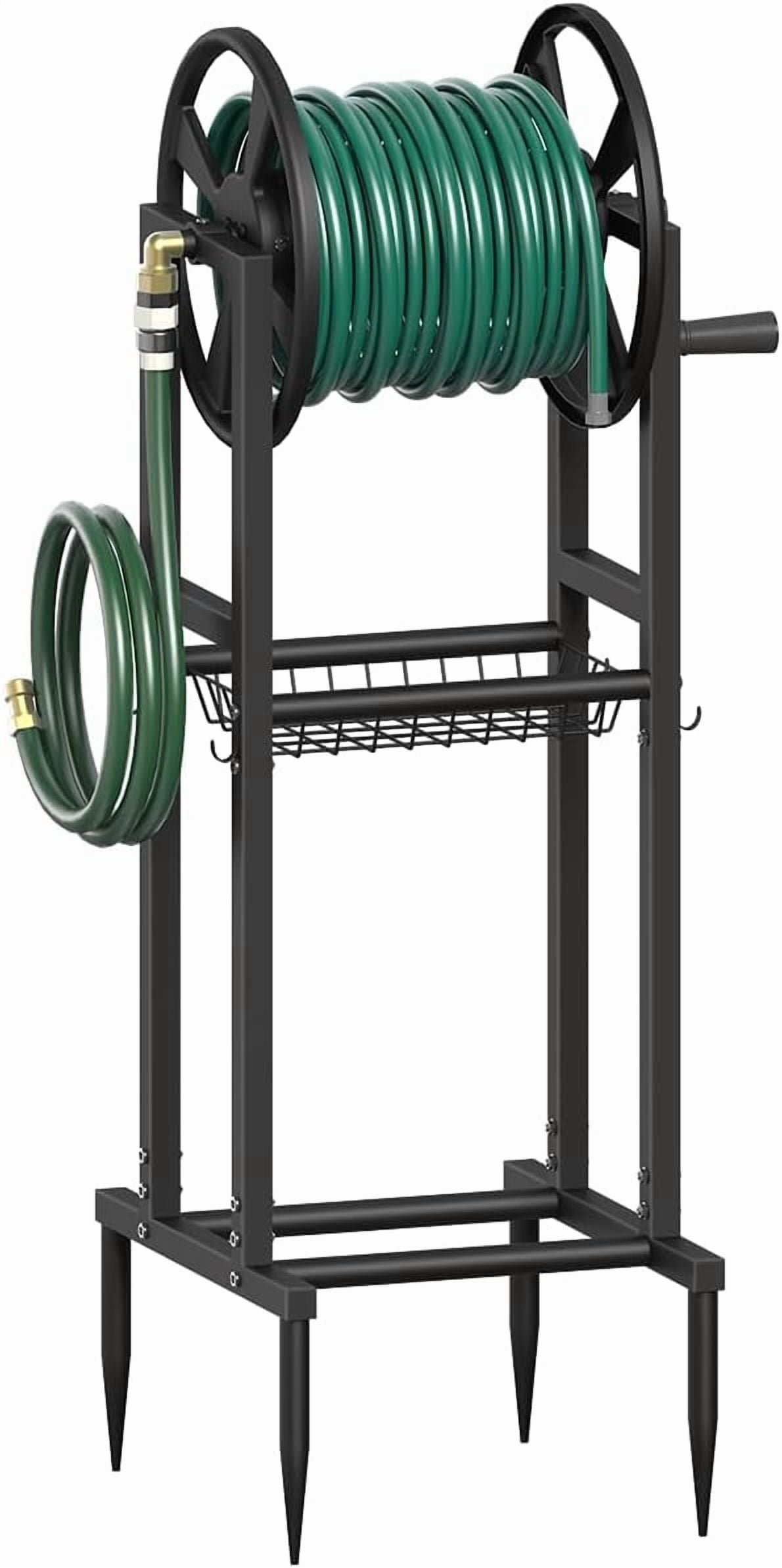 Freestanding Garden Hose Reel holds 125ft Hose of 5/8" with 4 Hooks, 4-Spike Outdoor Hose Holder with 3.9ft Leader Hose & Brass Fitting, Detachable Metal Hose Stand with Storage Rack, Brown