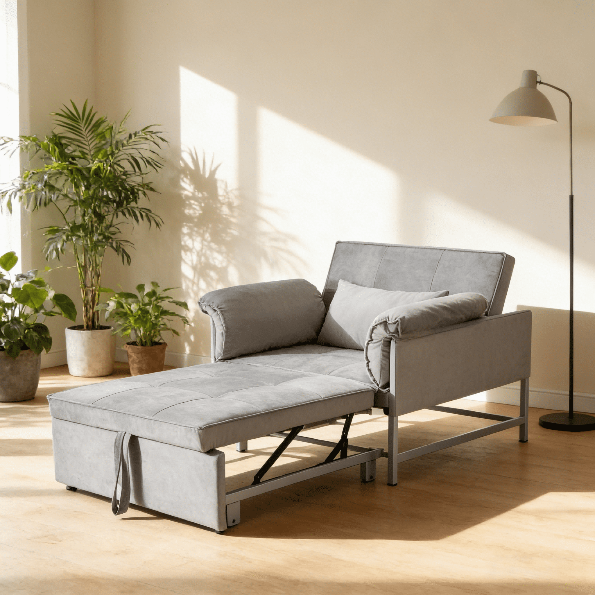 BSHTI 34.3" Convertible Pull-Out Sleeper Chair, Twin-Size Bed with Velvet Upholstery, 3-Position Adjustable Backrest, Metal Frame for Small Space & Guest Room, Gray