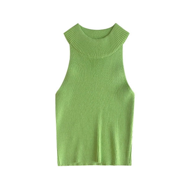 Jumpingount Chaleco de moda sólido sin mangas Sexy chalecos acanalados cómodo transpirable alta elasticidad camiseta sin mangas ropa de verano para Prendas para la parte del cuerpo Verde