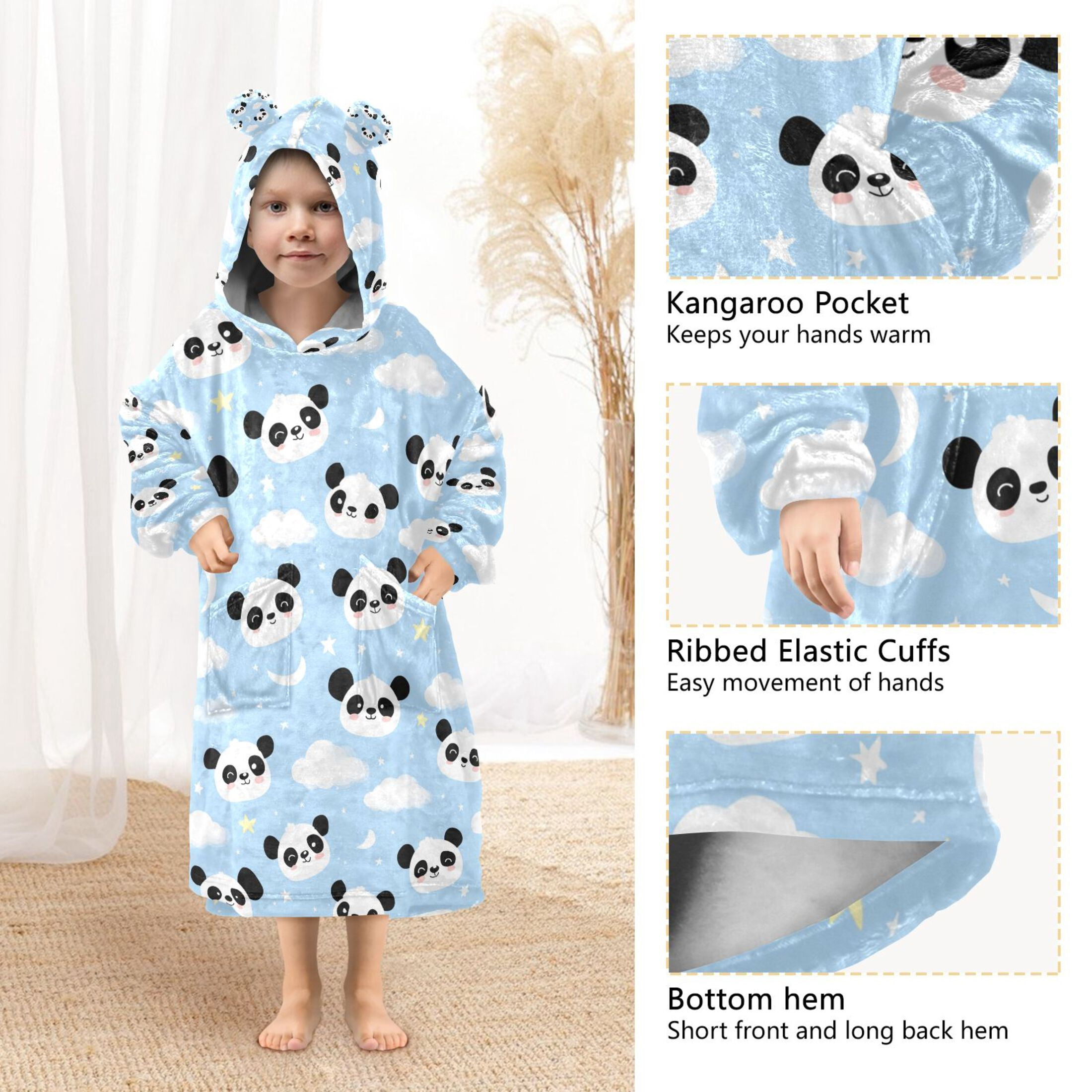 Wearable Blanket Hoodie for Cute Panda Clouds and Stars Flannel Hooded Blanket with Pockets and Sleeves Suitable