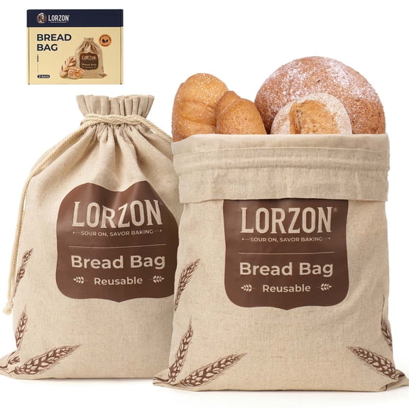 2 Pack Lorzon Large Linen Bread Bags - Reusable Sourdough Bags with TPU Lining, 13" x 17" | Keep Bread Fresh and Eco-Friendly
