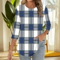 thumbnail image 6 of EchfiProm Tee Shirts Womens Plaid Blue 3/4 Sleeve Pullover Crew Neck Dressy Casual Loose Fit Blouse, 6 of 7