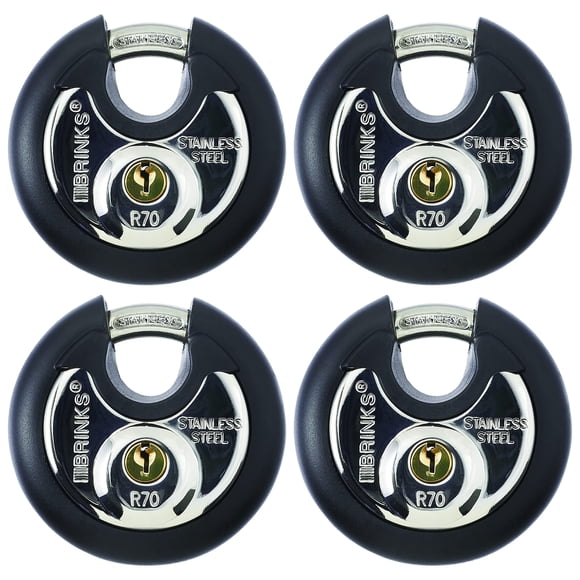 BRINKS - Cadenas Discus Commercial en Acier Inoxydable 70mm, Lot de 4 - Corps et Manille en Acier Inoxydable, Noir