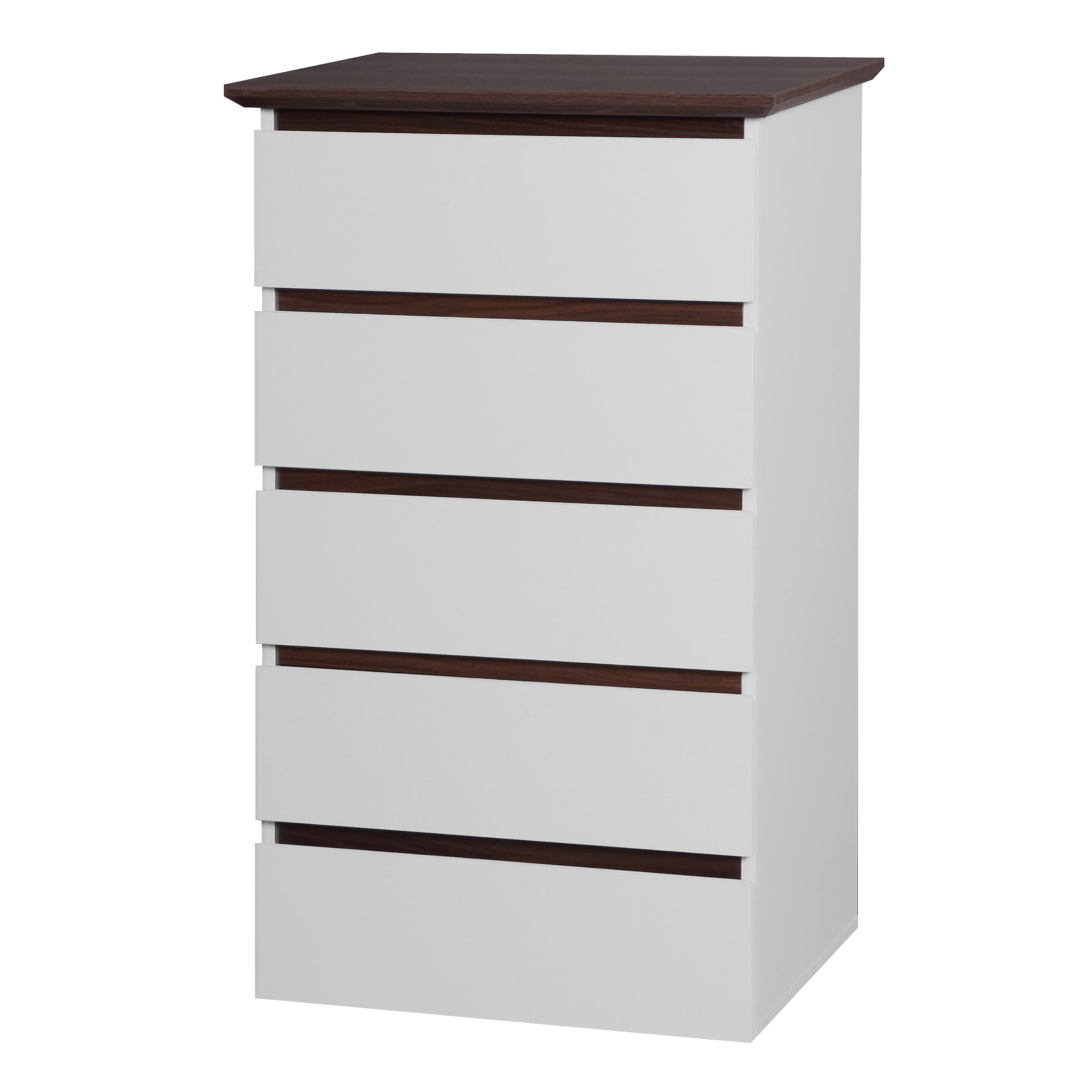 MAYEERTY 5-Drawer Dresser, Modern Chest of Drawers for Bedroom, Closet & Office, White & Walnut