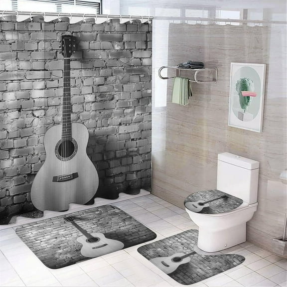 4Pcs Music Theme Guitar Shower Curtain Set with Toilet Lid Cover U-Shaped Mat and Non-Slip Rugs, Black White Brick Wall Shower Curtain Bathroom Decor Set, 72" x 72"