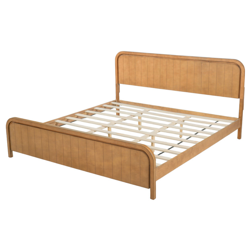 King Size Low Profile Bed Frame with Striped Headboard & Footboard, Wood Platform Bed with Slats Support & 7'' Under-Bed Space