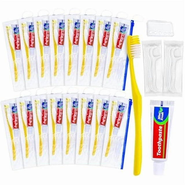 wonima02 10 pcs Disposable Toothbrushes with Toothpaste and Floss Set,Yellow Individually Wrapped Bulk Single Use Toothbrush Floss Cover Travel Toothbrushes Kit with Zip Bag for Homeless,Hotel,Guest