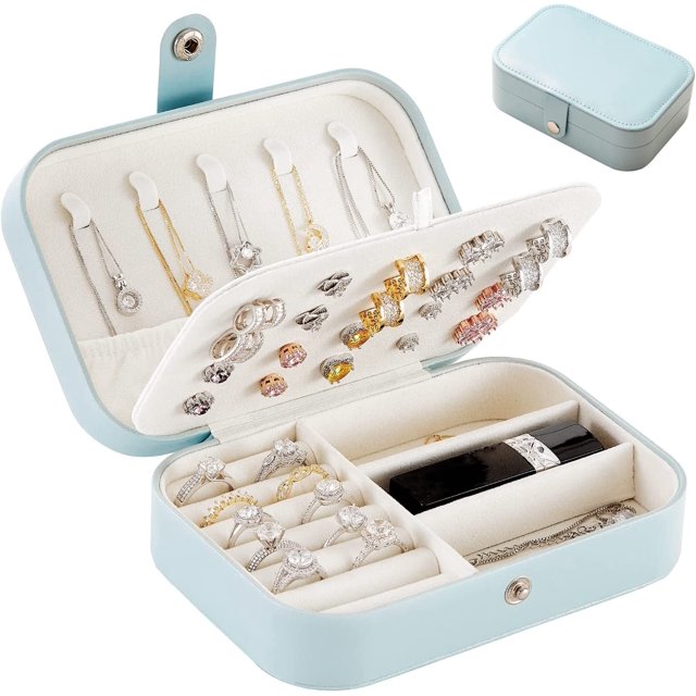 JM Joyero de viaje portátil (azul claro, joyas no incluidas), anillos, pendientes, collares y pulseras para mujer organizador de joyas JM