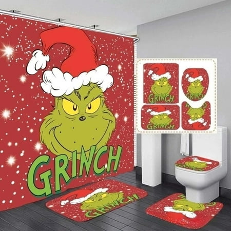 4 Christmas Grinch Shower Curtain Set with Hooks Home Decor