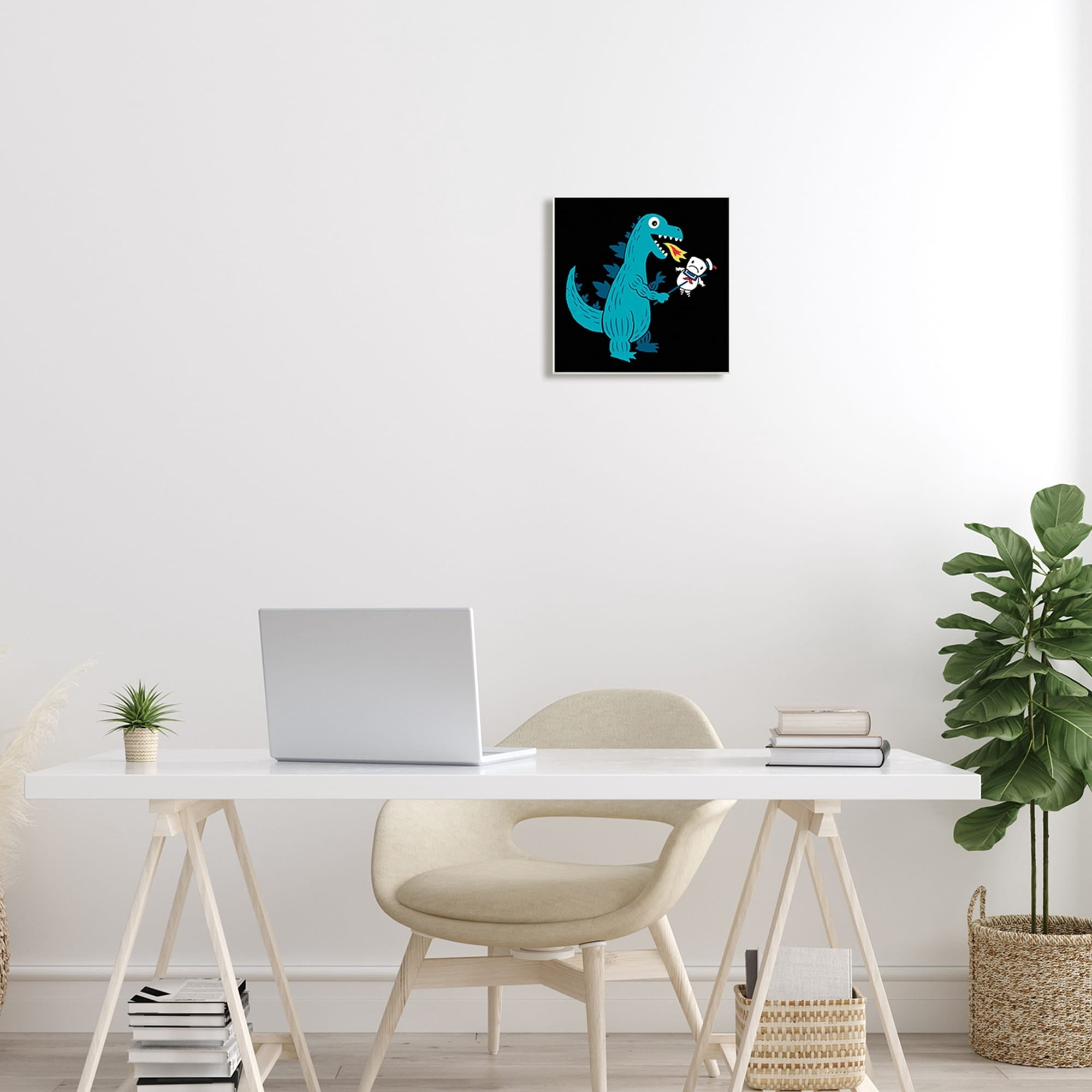 Stupell Industries Cartoon Dragon Breathing Fire Marshmallow Man Wood Wall Art, 12 x 12, Design by Michael Buxton