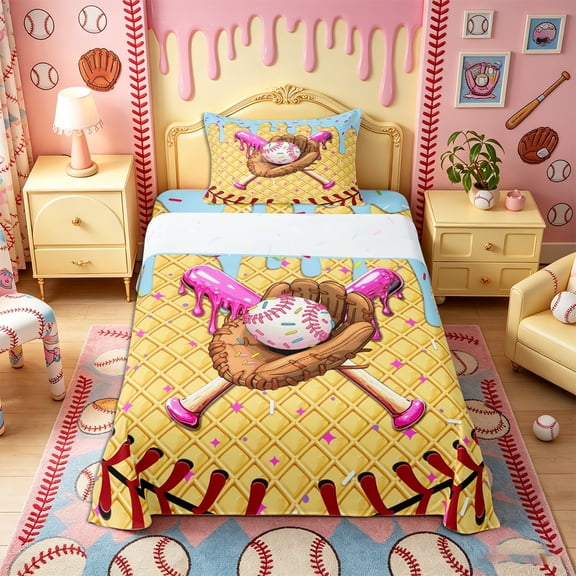 Castle Fairy Baseball Bat Glove Twin Sheets 3pcs, Blue Ice Cream Drip Bedding, Brown Pink Yellow,1 Fitted Sheet, 1 Flat Sheet and 1 Pillowcase