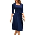 thumbnail image 5 of ZQUUVOU Women's Vintage Tiered Dress 3/4 Sleeve Tie Waist Flowy Maxi Skirt Square Neck Knee Length Gown Outfit Navy, 5 of 8