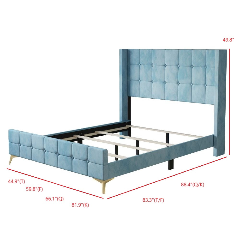 Home Design Gisella Full Upholstered Panel Bed Frame with Headboard Wingback for Adult, Blue, Easy Assembly