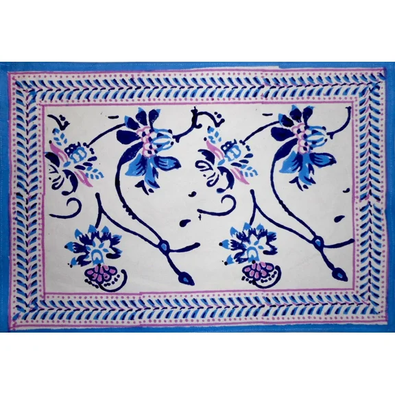 PURELY- Ajit Flowers Block Print Cotton Table Placemat 20" X 14" Blue