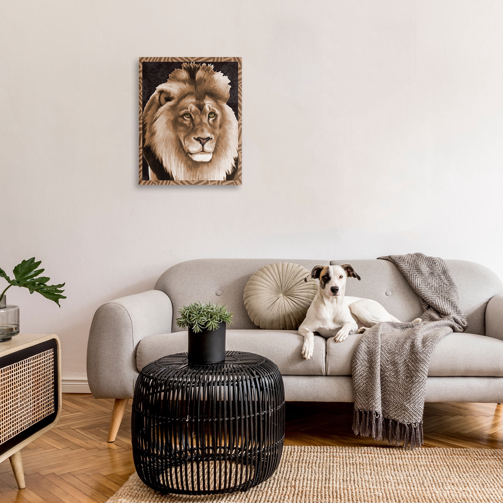 Stupell Industries Lion with Geometric Border Animals & Insects Painting Gallery Wrapped Canvas Art Print Wall Art, 24 x 30
