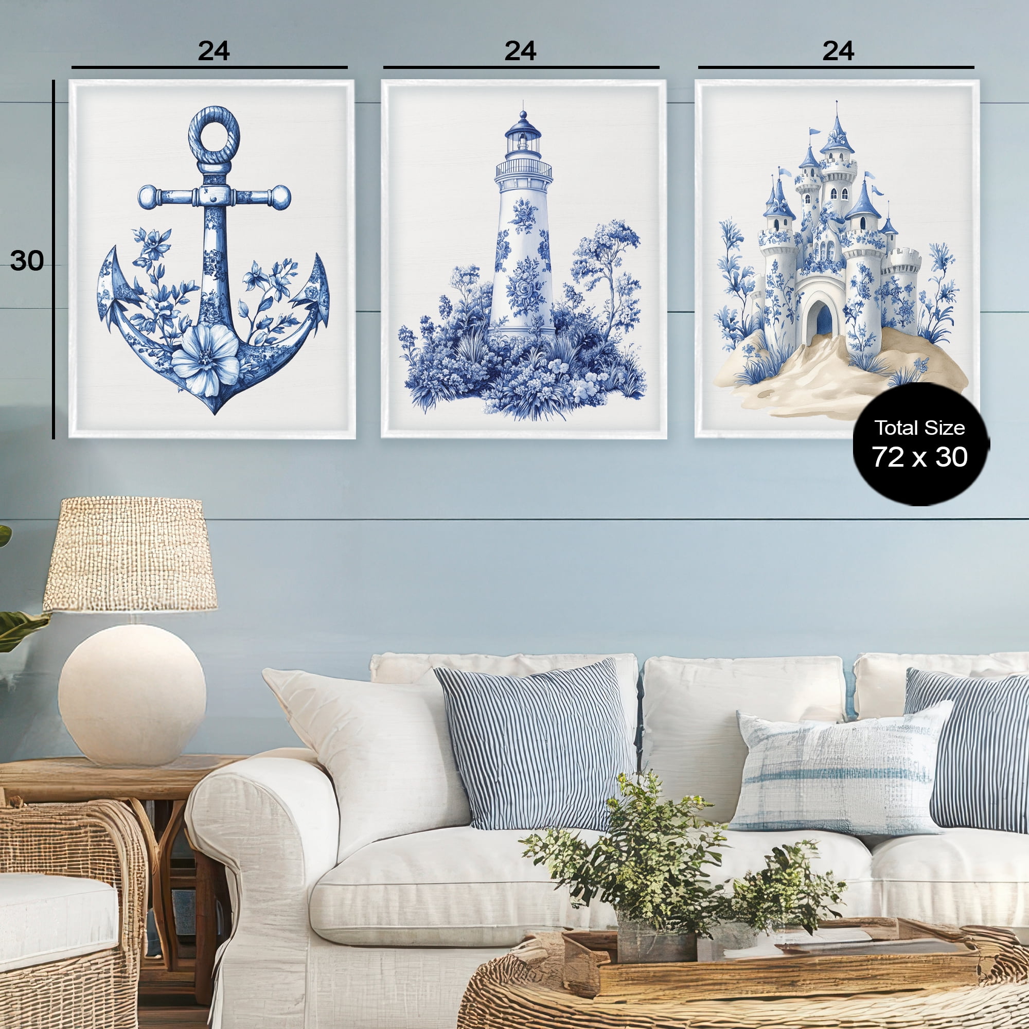 Ornate Nautical Toile Patterns 3 Piece White Framed Giclee Art Set, design by Lettered and Lined