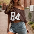 thumbnail image 2 of Women's Off Shoulder Tee with Number Print , Slouchy Neck Short Sleeve Top, Casual Loose Fit T Shirt, 2 of 5