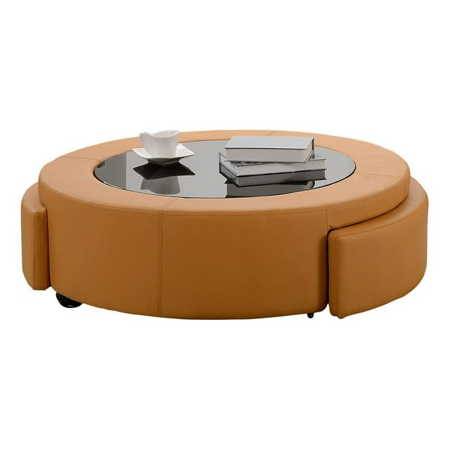 Pouf de Table Basse en Cuir Collé Orange avec Tiroirs