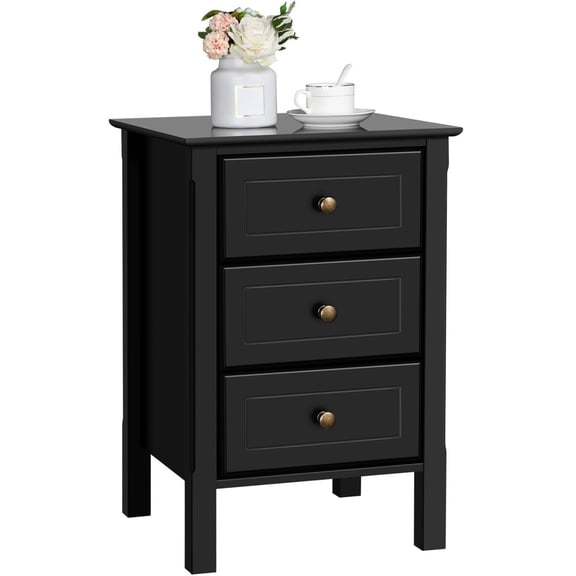 Nightstand with 3 Drawers, Wooden Bedside Table with Solid Wood Legs, Bedside Cupboard Storage Organizer for Bedroom Home Office Small Space, Easy Assembly, Black