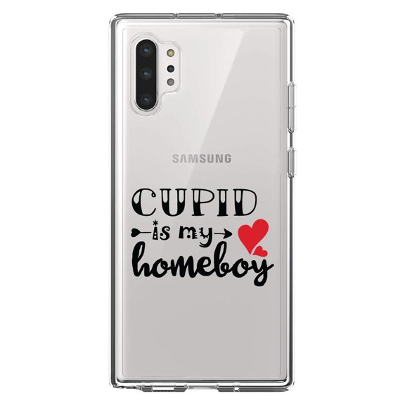 DistinctInk Clear Shockproof Hybrid Case for Galaxy Note 10 PLUS (6.8" Screen) - TPU Bumper Acrylic Back Tempered Glass Screen Protector - Cupid is My Homeboy - Heart - Valentine