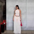 thumbnail image 4 of Vestido blanco fruncido con espalda descubierta para mujer, conjunto de 2 piezas, falda larga con cuello colgante, Top Sexy con tirantes, maxifalda con pliegues y cordones, 4 of 5