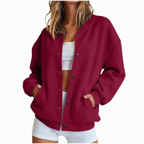 Ymyiu Womens Sweatshirt Womens Snap Sweatshirts Jackets Long Sleeve Casual Loose Outwear with Pockets(Wine, S)