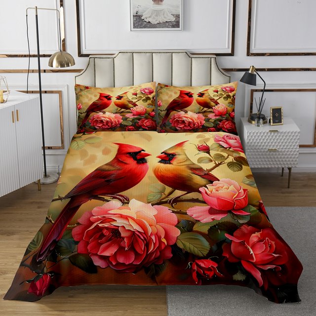 Cardinal Quilt Set Red Rose Bedspread Set King,Romantic Flowers Coverlet Set Wild Animal Bird Quilted,Kawaii Room Decor