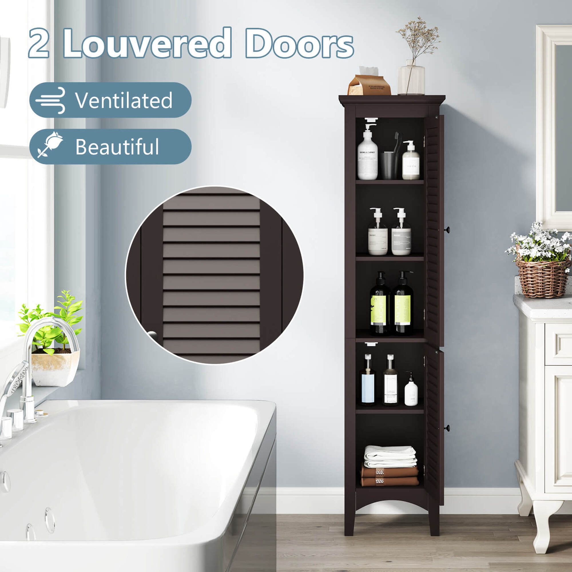 Costway 63" Tall Bathroom Cabinet with 2 Louvered Doors & Adjustable Shelf Elevated Legs Brown