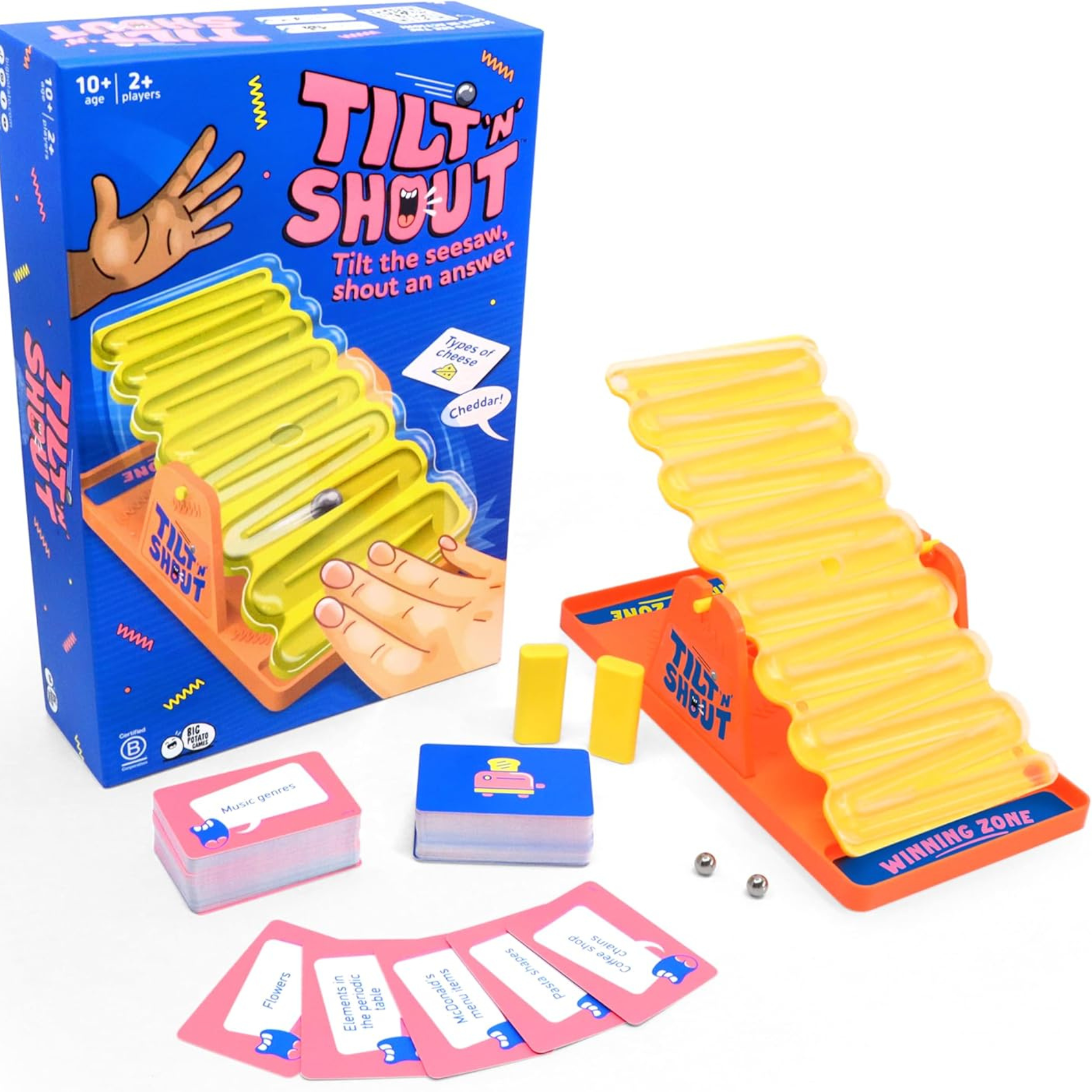 Big Potato Games Tilt ’n’ Shout Board Game, Fast Action-Trivia Party Game with Seesaw Marble-Run Timer, 2+ Players, 20-Min Play, Ages 10+