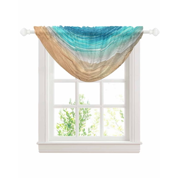 Waterfall Valances for Windows, Aqua Ombre Coastal Kitchen Sheer Valance Curtains, Summer Nautical Beach Ocean Seaside Rod Pocket Elegant Swag Valances for Living Room Bedroom, 47.2"x38.5", 1 Panel