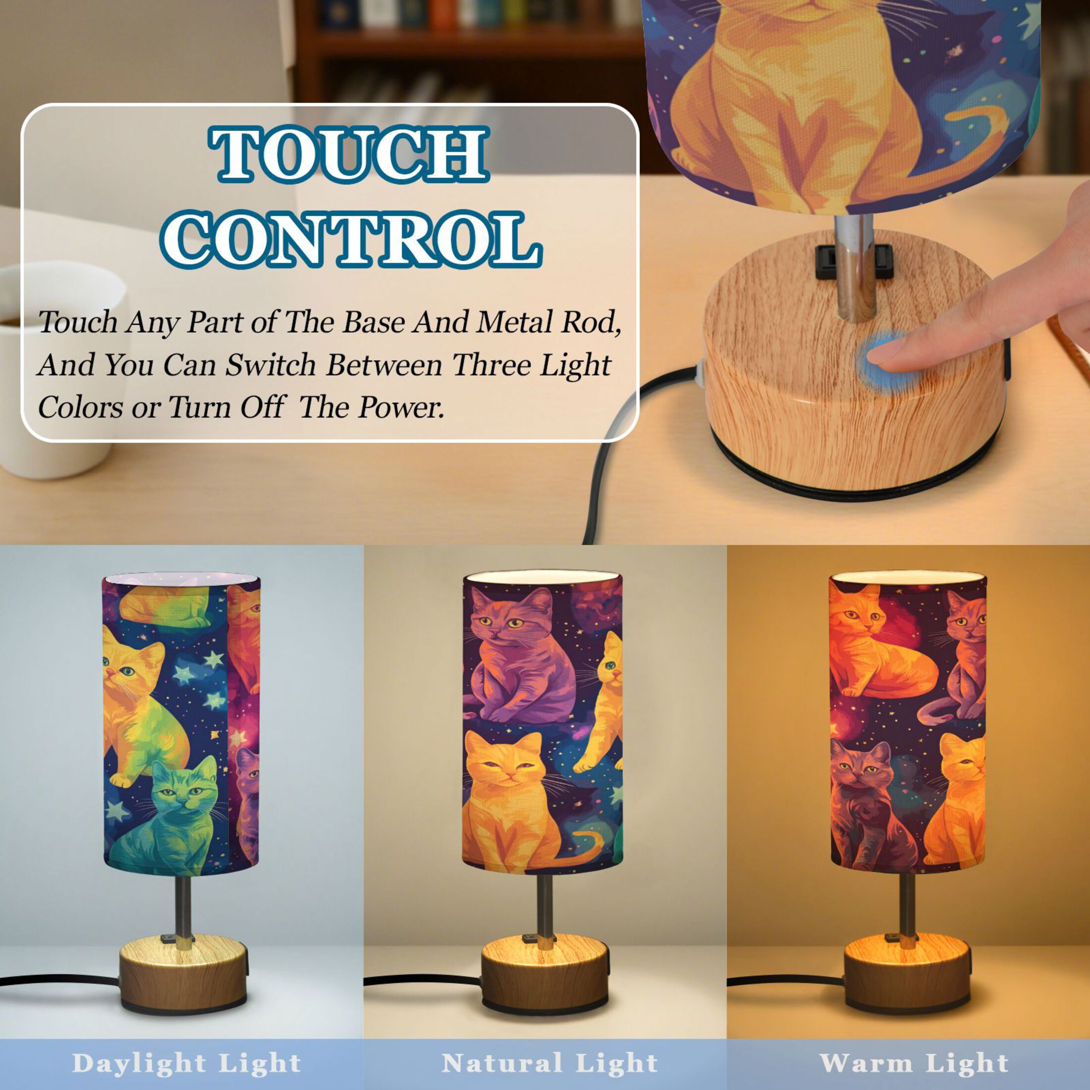 Touch-Control 3-Color Desk Lamp with Plug – Energy-Saving LED + 3 Simultaneous Charging Ports Cats in The Stars