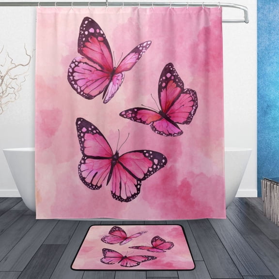 TTYFWHD 60" x 72" Shower Curtain and Bath Mat Set Blush Monarch Butterflies Waterproof Bathroom Curtain with 12 Hooks, Bathroom Decor Set