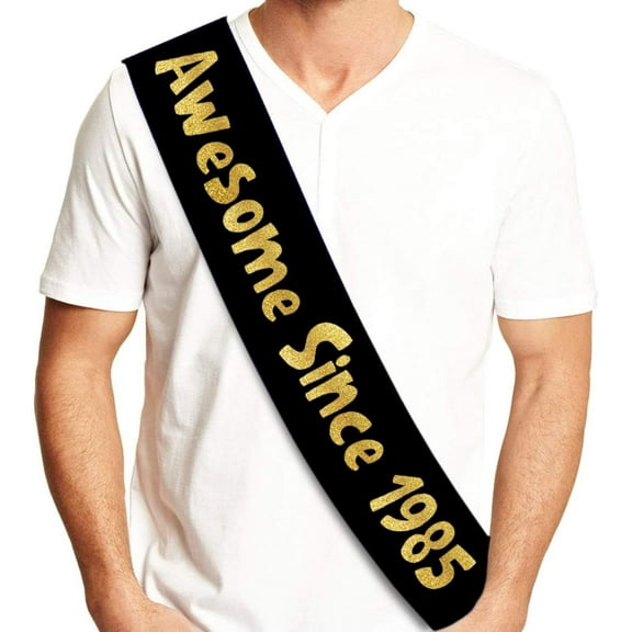 1 pcs Awesome Since 1985 Black and Gold Sash - Happy 40th Birthday Party Supplies, Ideas and Decorations